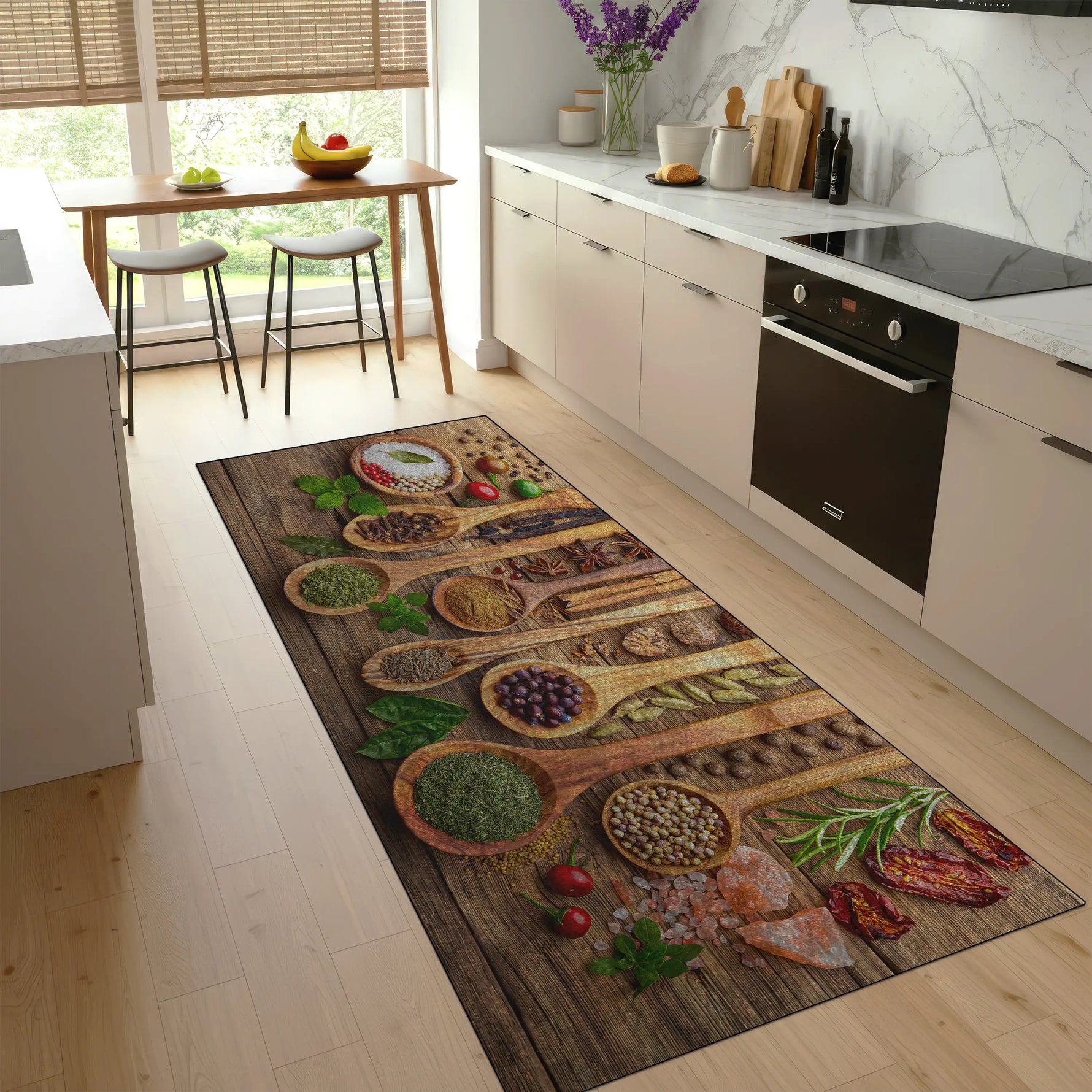 Rustic spice kitchen rug with wooden background and herbs