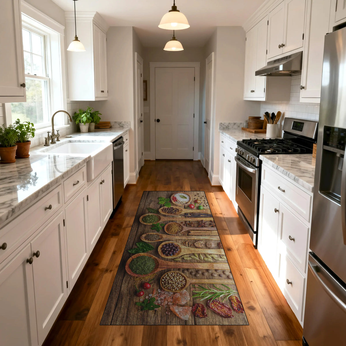 Kitchen with a decorative rug on the floor