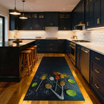 Dark blue kitchen rug with colorful spices and herbs design