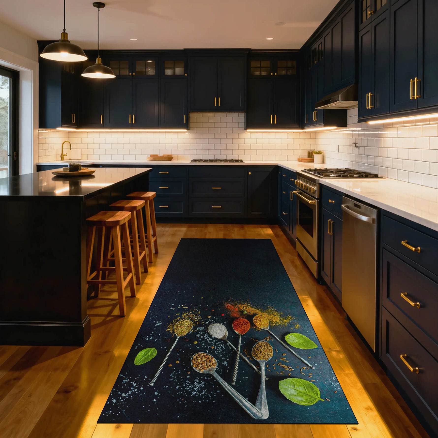 Dark blue kitchen rug with colorful spices and herbs design