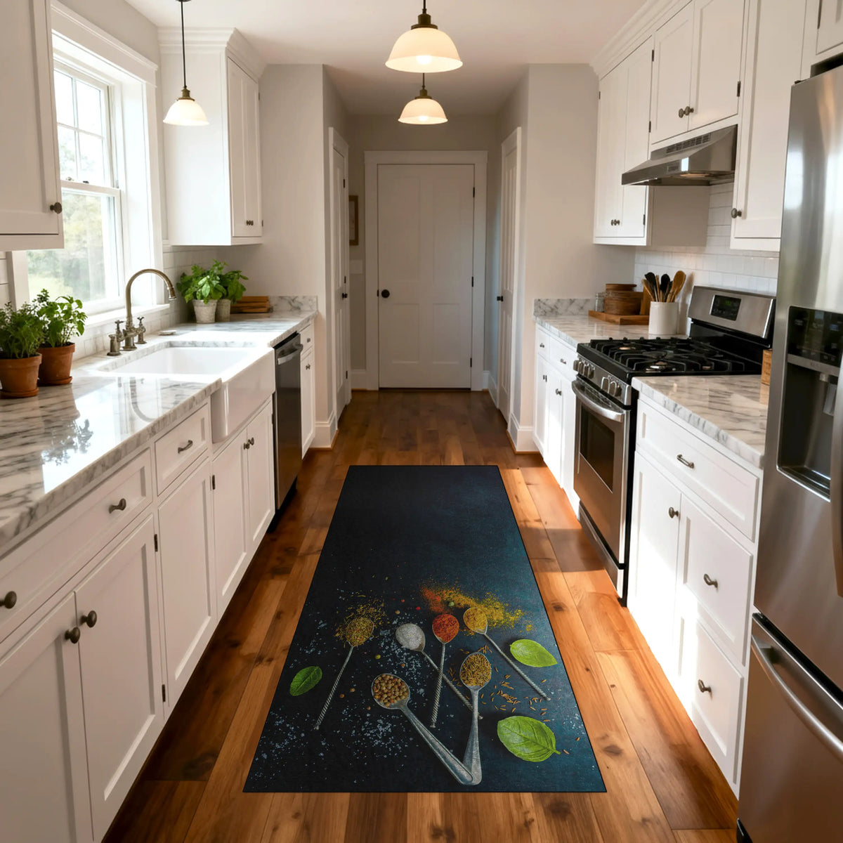 Modern kitchen rug with navy background and herb print