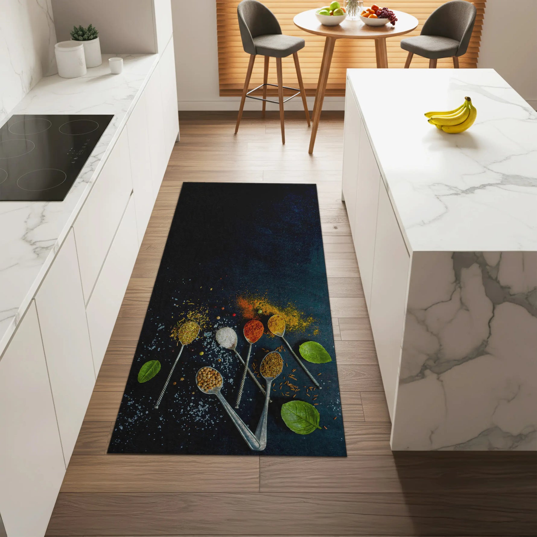 Machine washable rug with realistic spices on dark surface