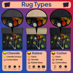 Illustration of rug types with Chenille, Rubber, and Cotton materials on a colorful background.
