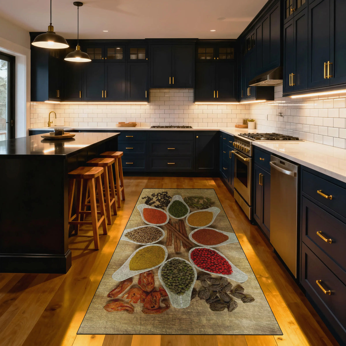 Washable non-slip kitchen runner rug with spice design