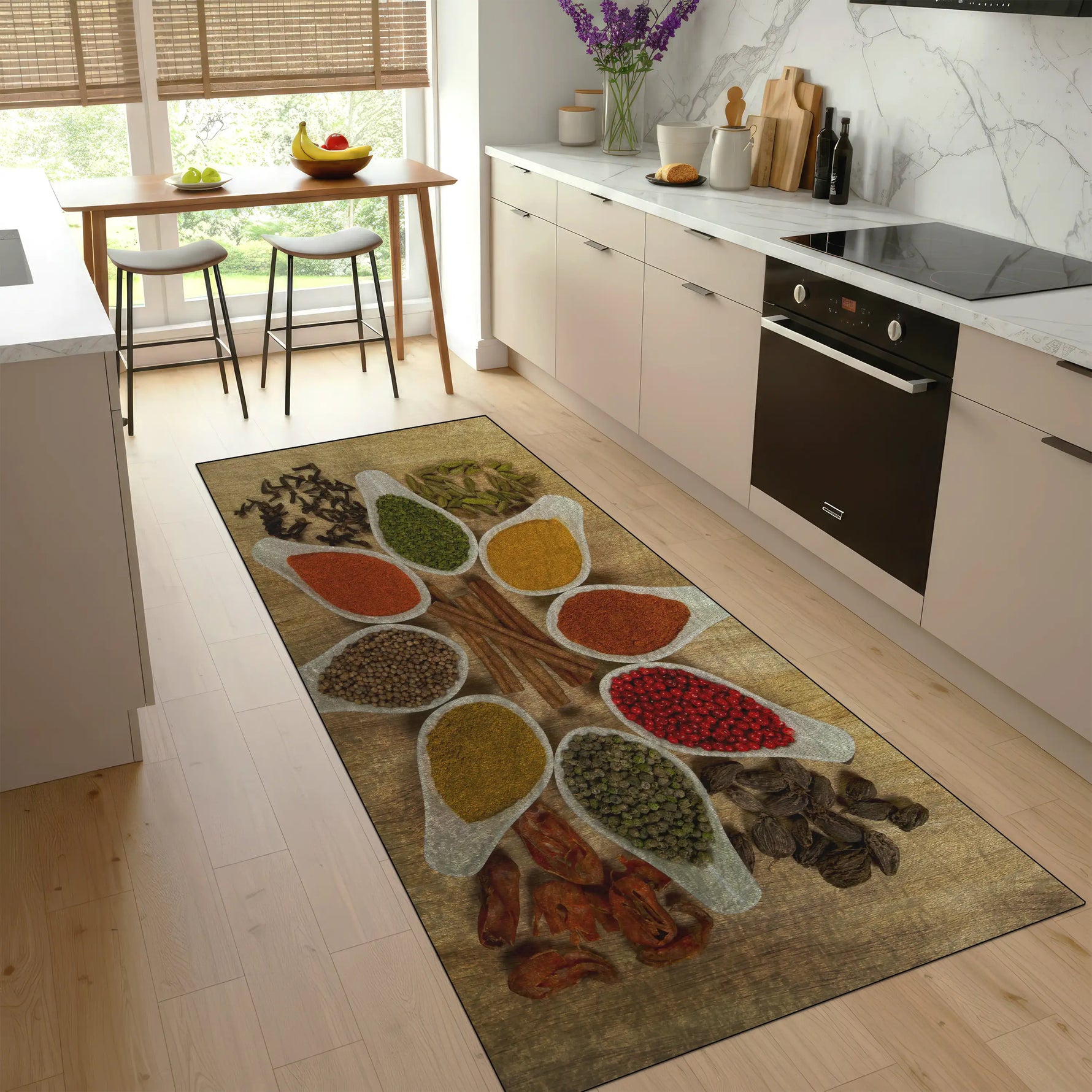 Rustic kitchen rug with colorful spices on wooden background