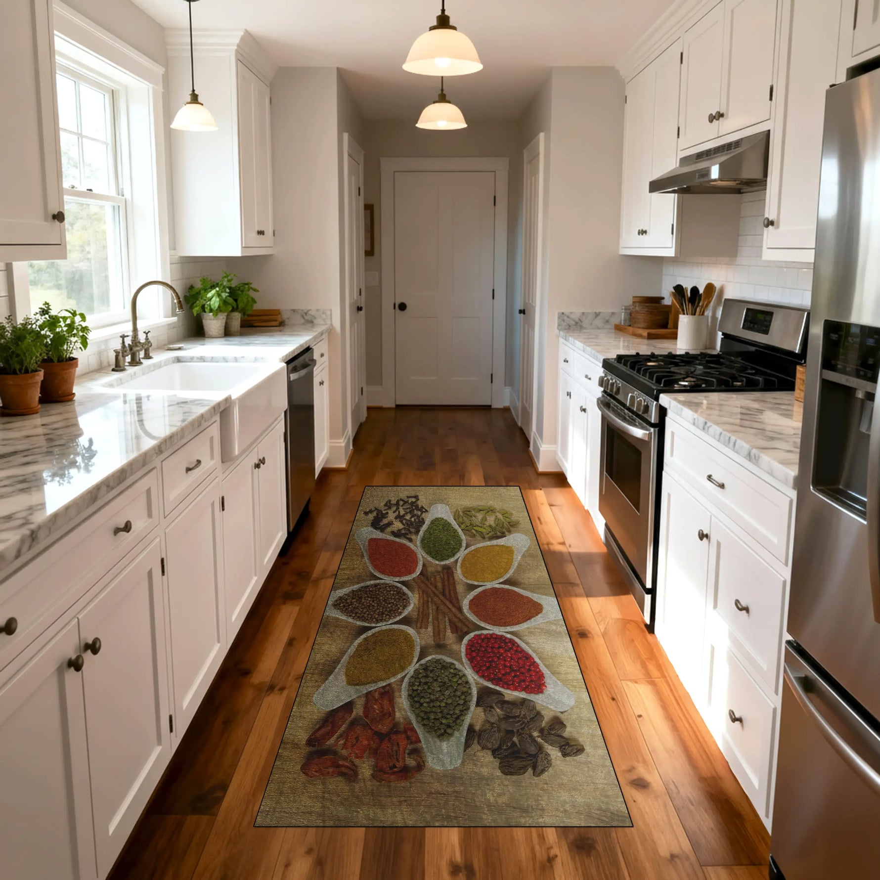 Farmhouse kitchen rug with natural spice pattern