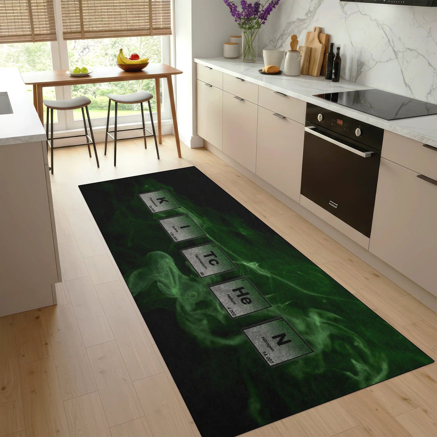 Periodic table themed kitchen rug with green smoke design