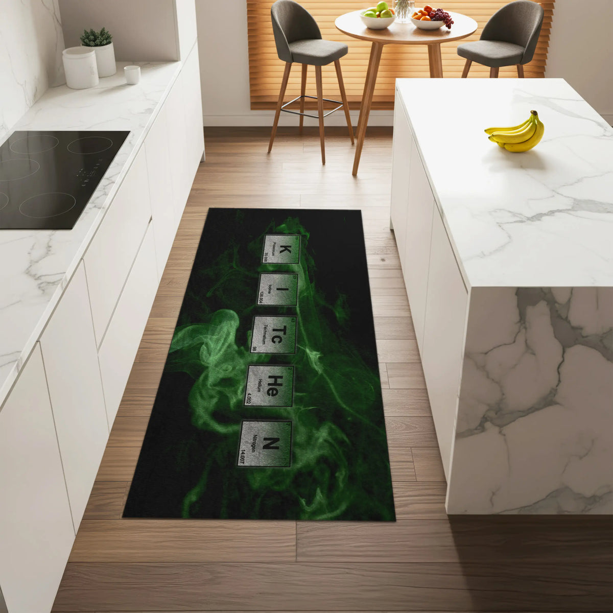 Science-inspired washable kitchen rug with black background