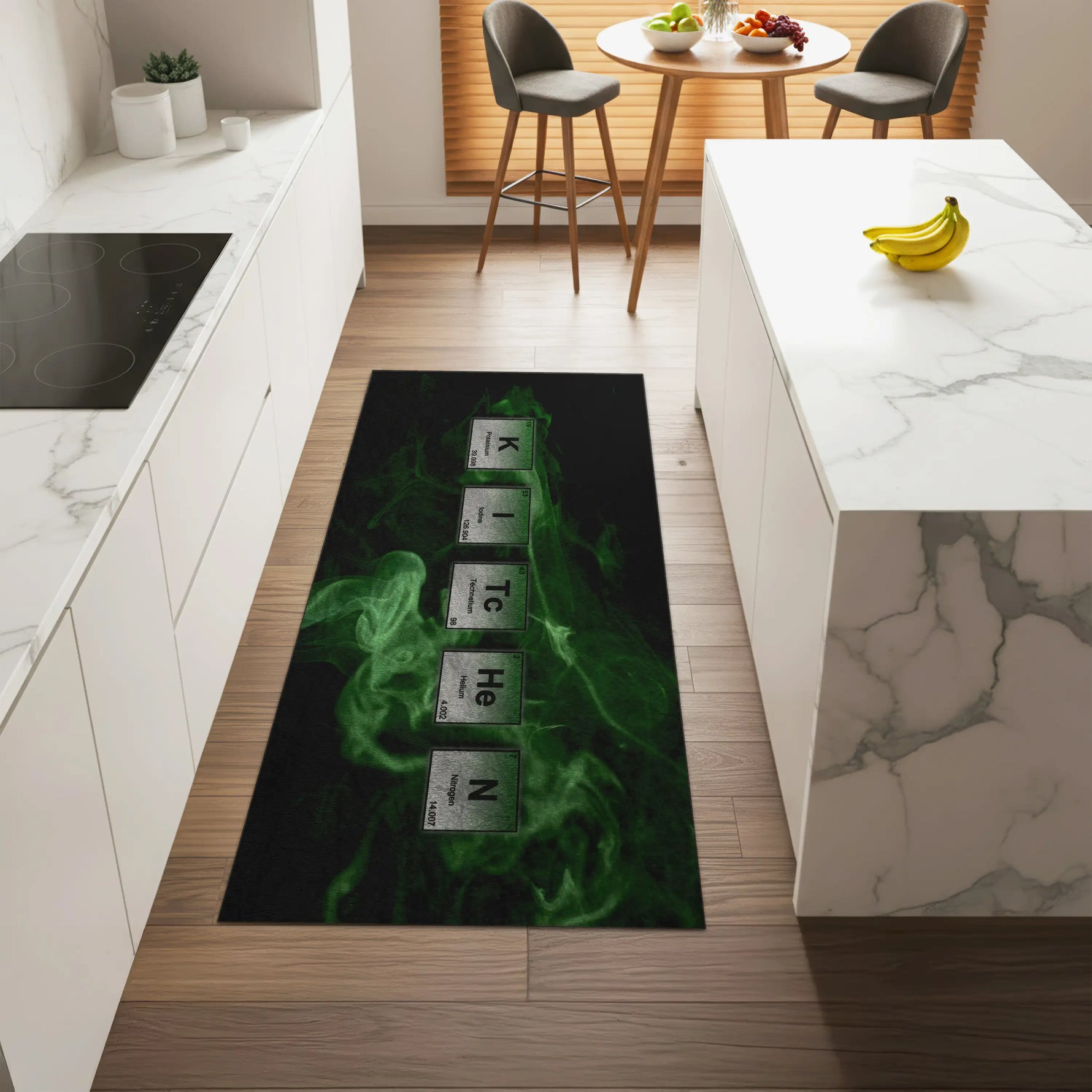 Science-inspired washable kitchen rug with black background
