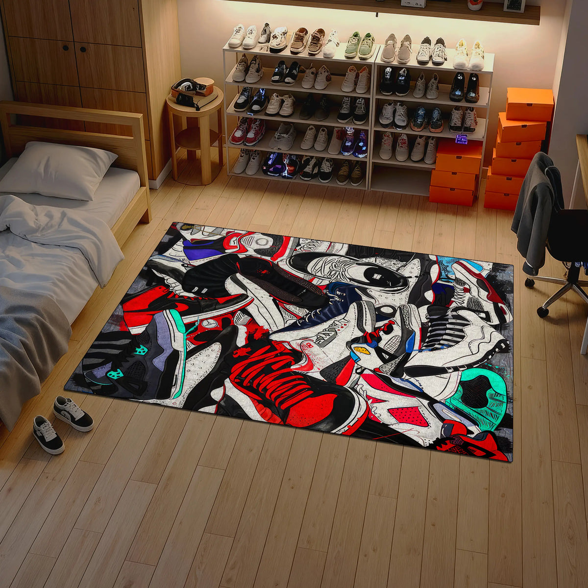 Room with a colorful rug featuring various shoes, a bed, and shelves with more shoes.