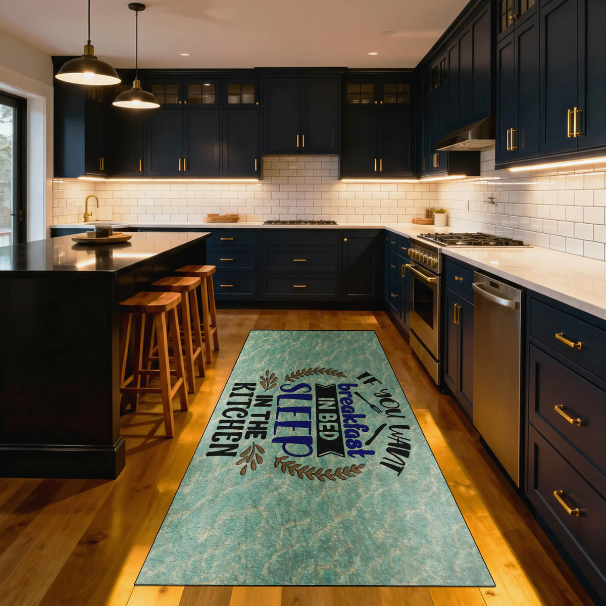 Washable humorous kitchen runner with text pattern