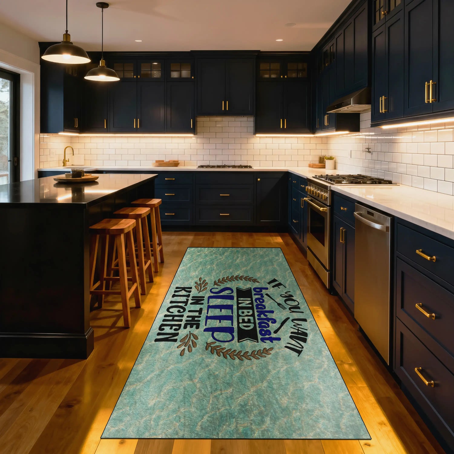 Washable humorous kitchen runner with text pattern