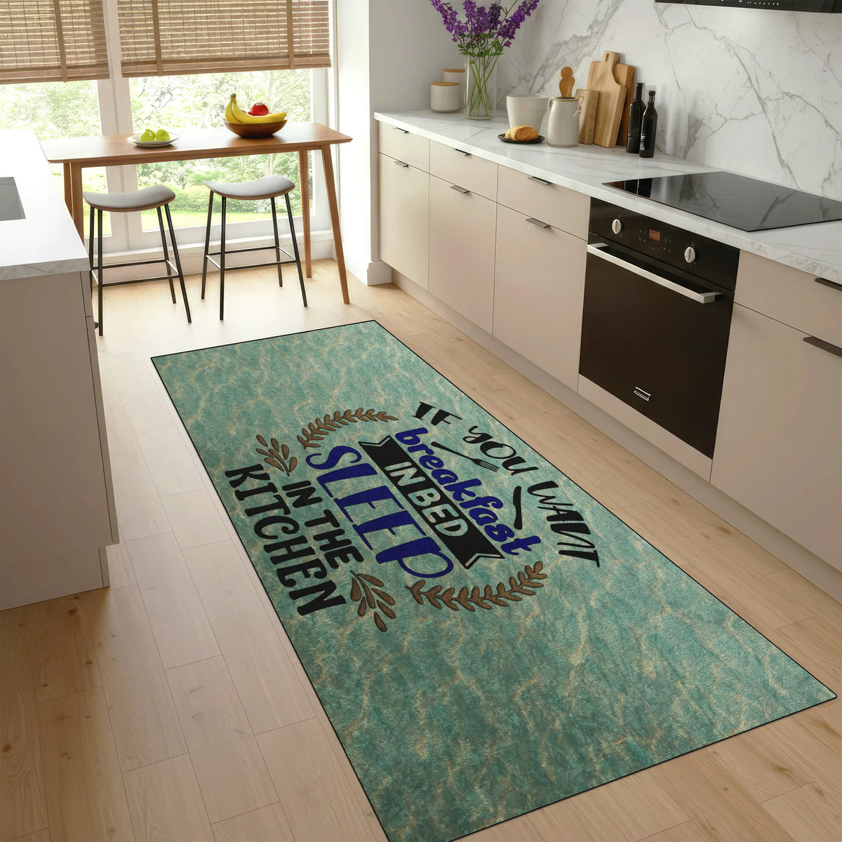 Funny blue kitchen rug with breakfast quote design