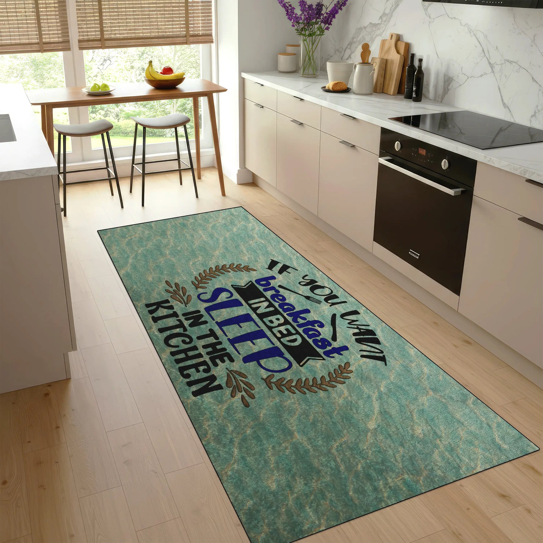 Funny blue kitchen rug with breakfast quote design