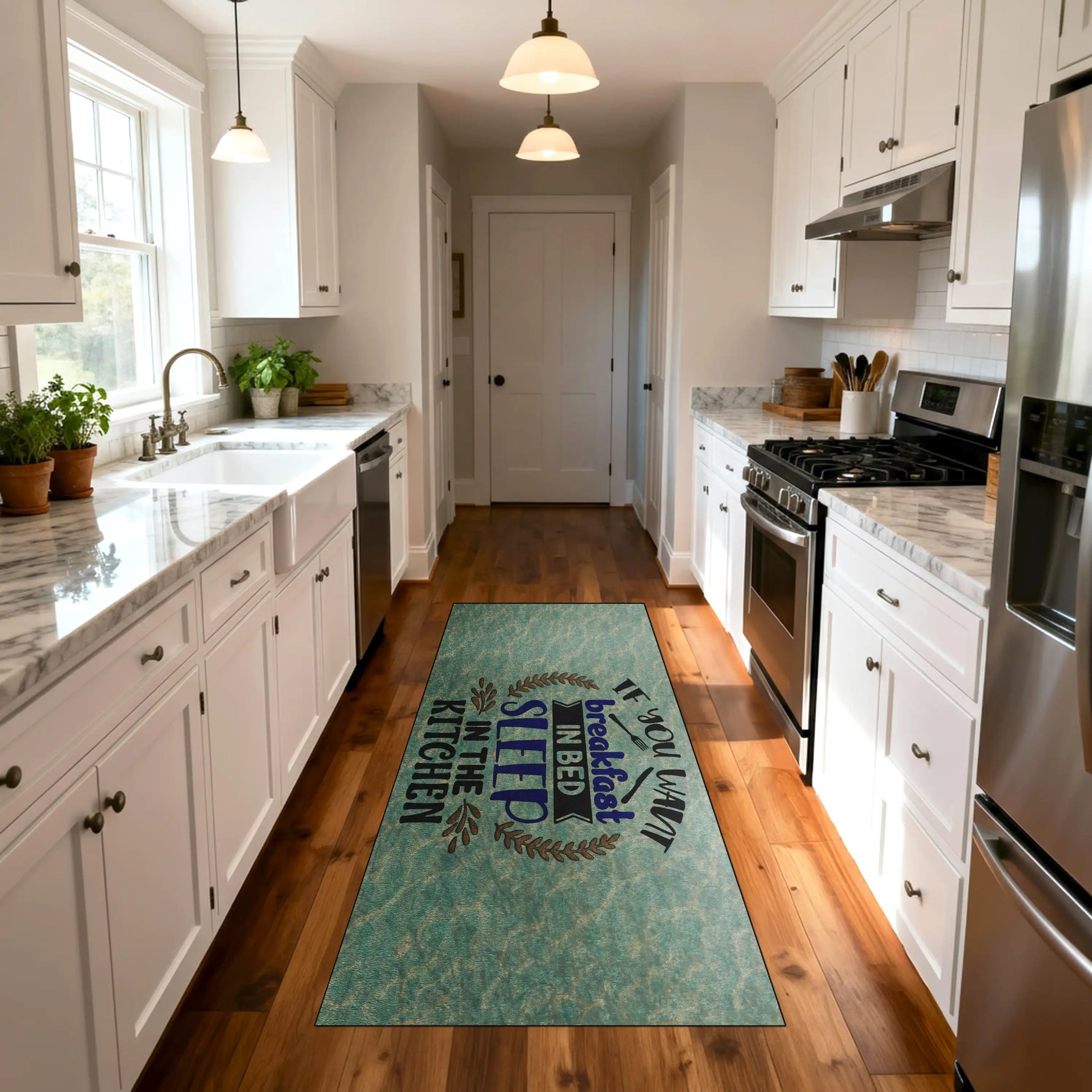 Non-slip rug for kitchen with witty breakfast saying