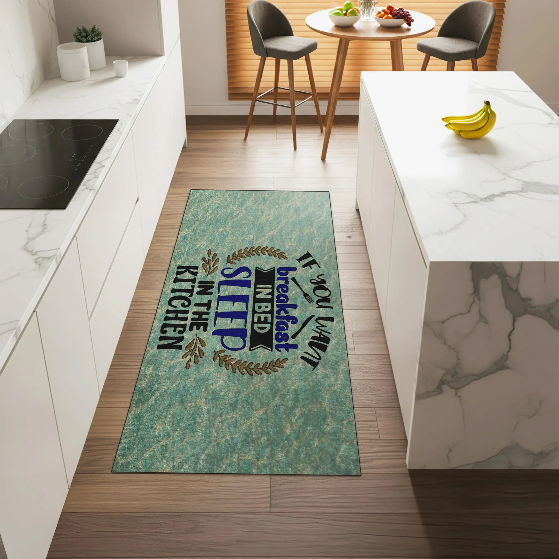 Light blue kitchen rug with quote about sleeping in kitchen