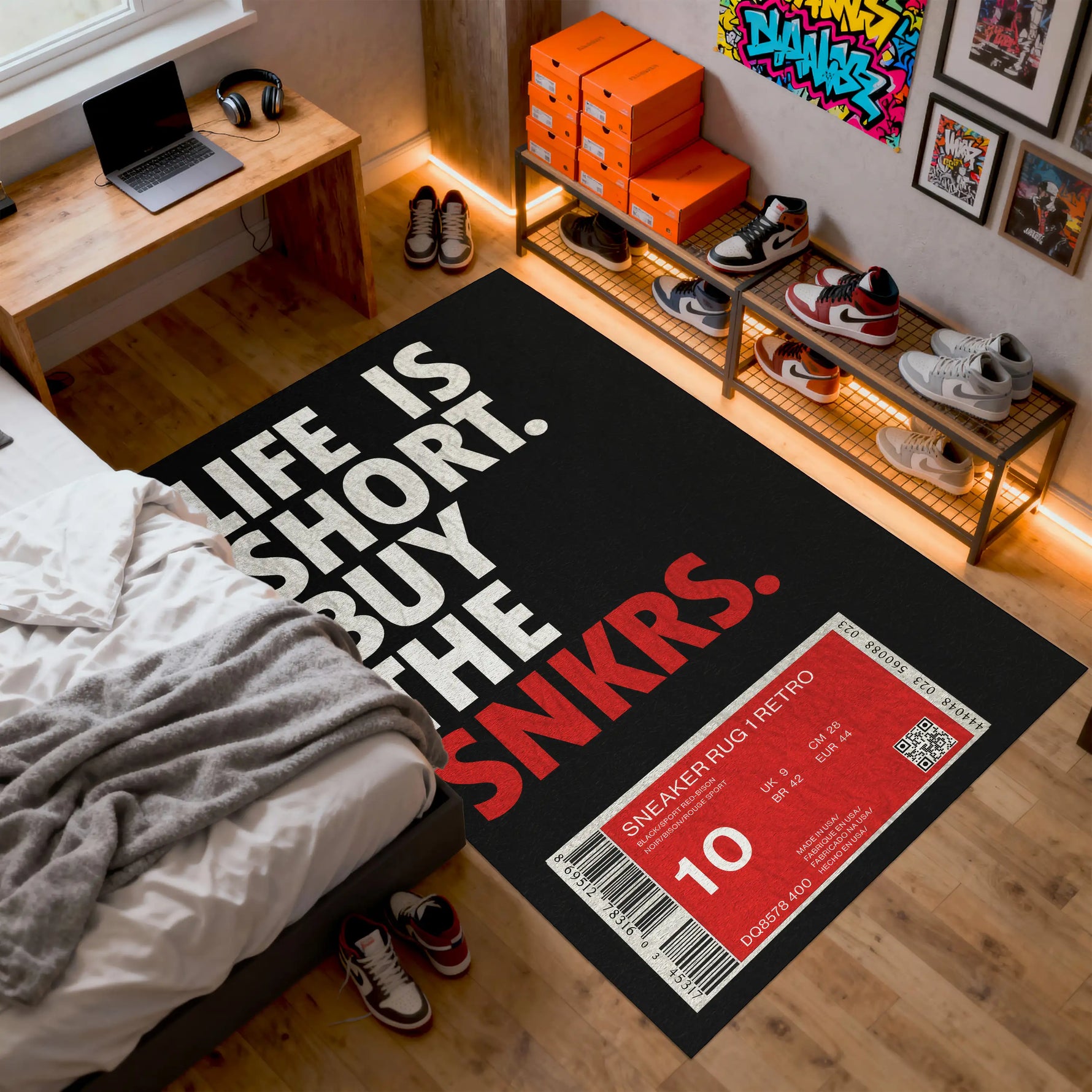 Custom sneaker box rug with black and red label design