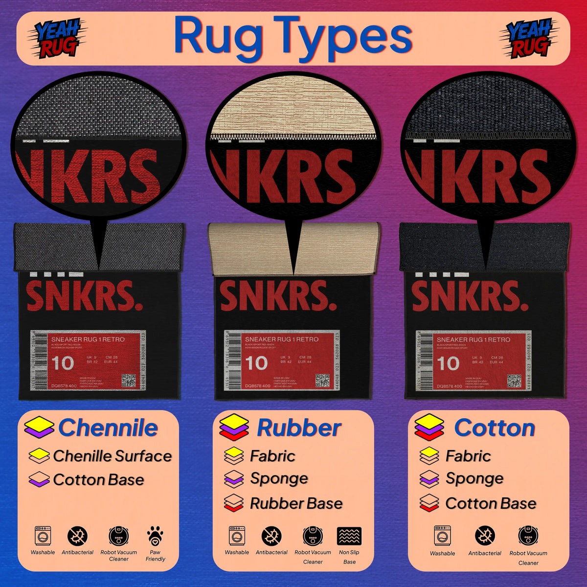 Three rug samples with 'SNKRS.' branding and labels indicating material types on a gradient background.

