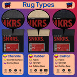 Three rug samples with 'SNKRS.' branding and labels indicating material types on a gradient background.

