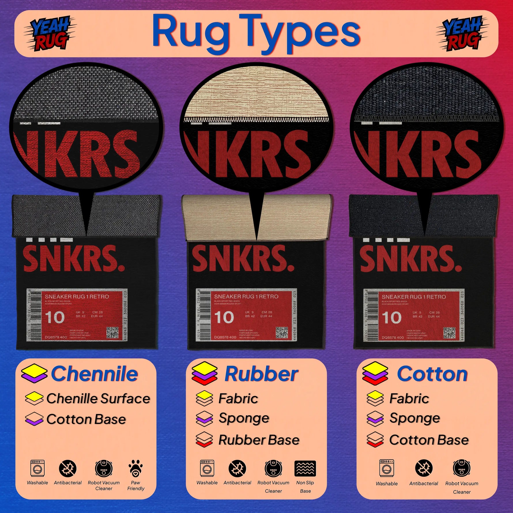 Three rug samples with 'SNKRS.' branding and labels indicating material types on a gradient background.

