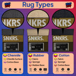 SNKRS rug types with chenille, rubber, and cotton textures on a colorful background.

