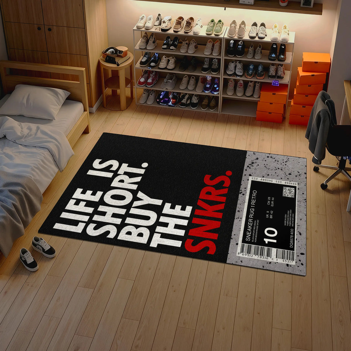 Room with a rug featuring 'Life is Short, Buy the SNKRS' text and a shoe rack.

