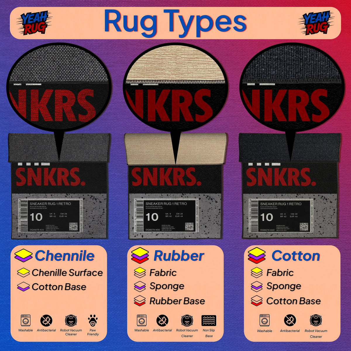 Three rug samples with 'SNKRS' branding and labels indicating material types on a purple background.

