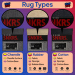 Three rug samples with 'SNKRS' branding and labels indicating material types on a purple background.


