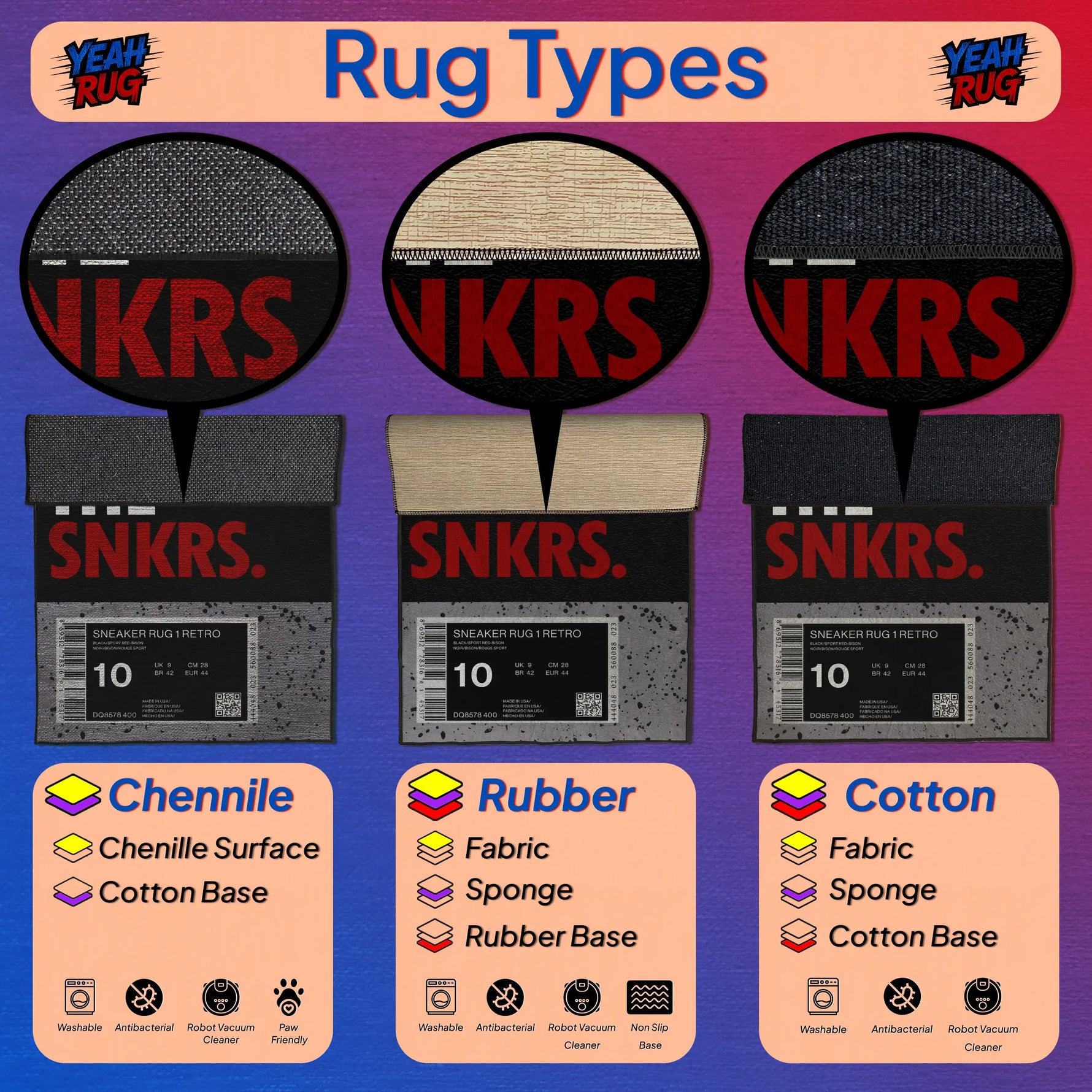 Three rug samples with 'SNKRS' branding and labels indicating material types on a purple background.

