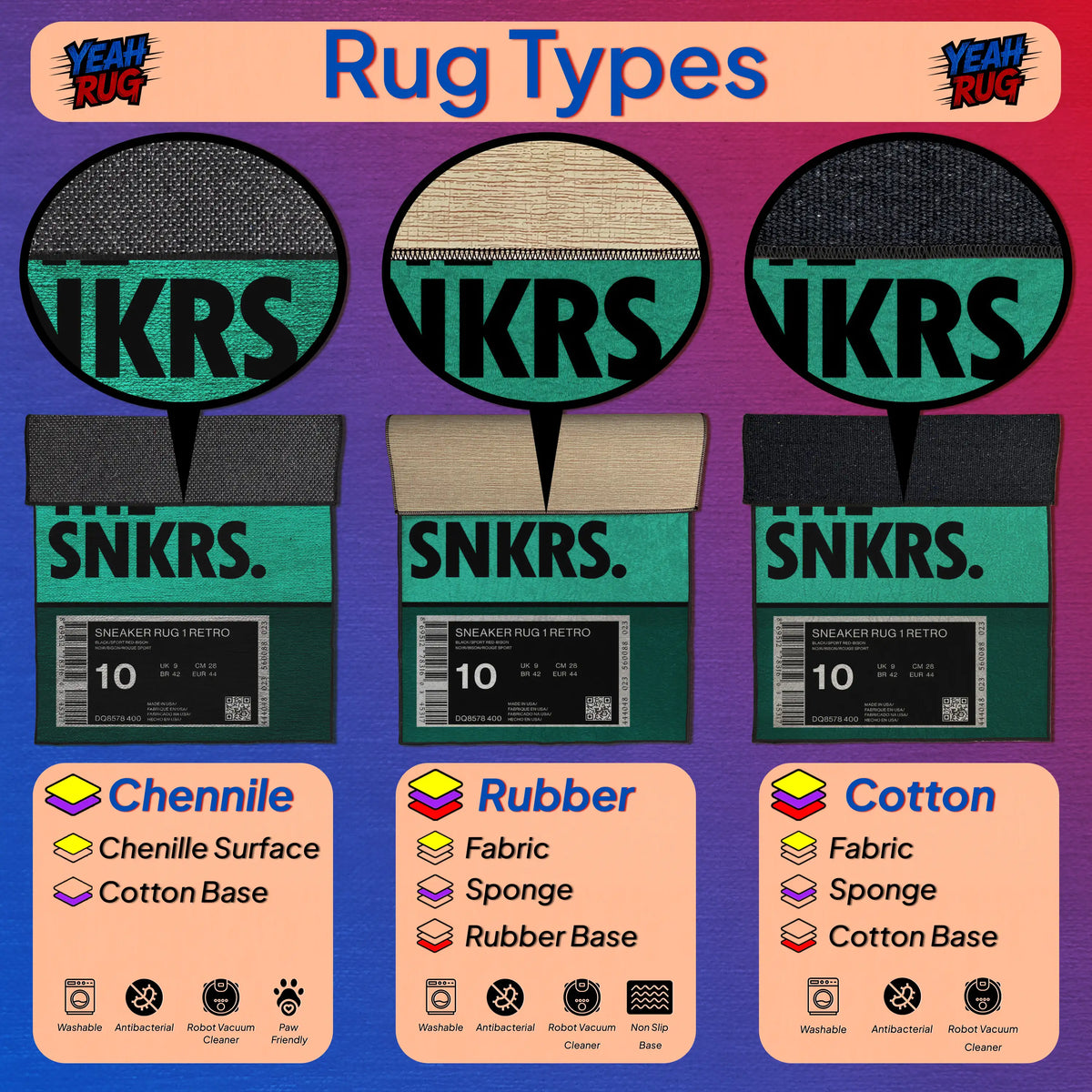 Illustration of different rug types with 'SNKRS' branding on a colorful background.

