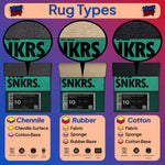 Illustration of different rug types with 'SNKRS' branding on a colorful background.

