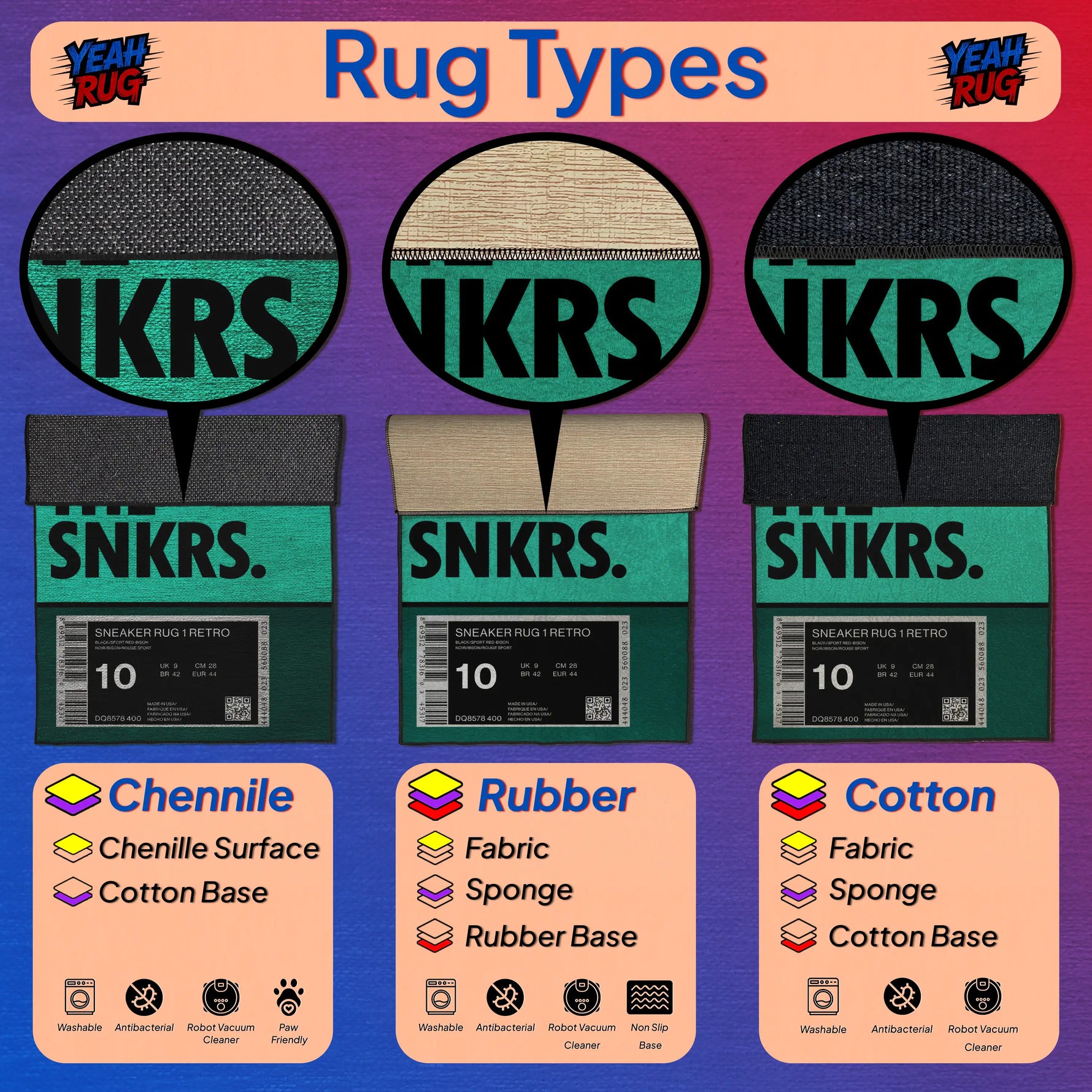 Illustration of different rug types with 'SNKRS' branding on a colorful background.

