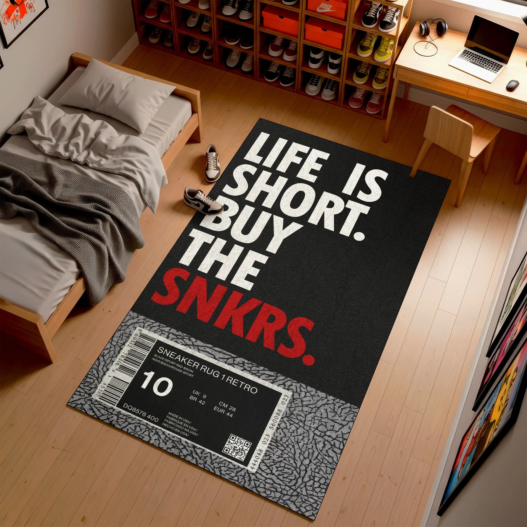 Sneaker-themed rug with 'Life is Short, Buy the Snkrs' text in a bedroom setting.

