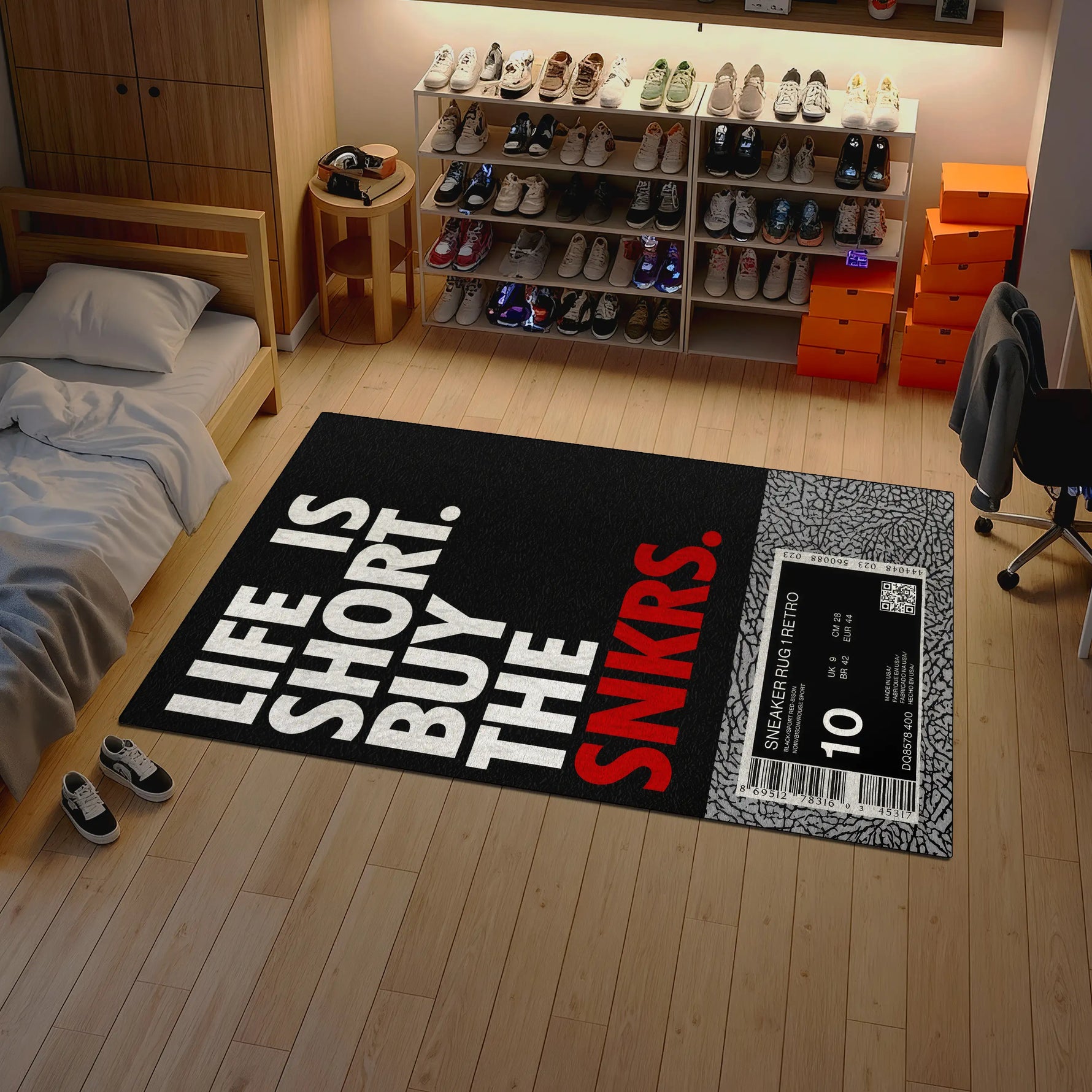 Room with a rug featuring 'Life is short, buy the sneakers' text and a shoe rack.

