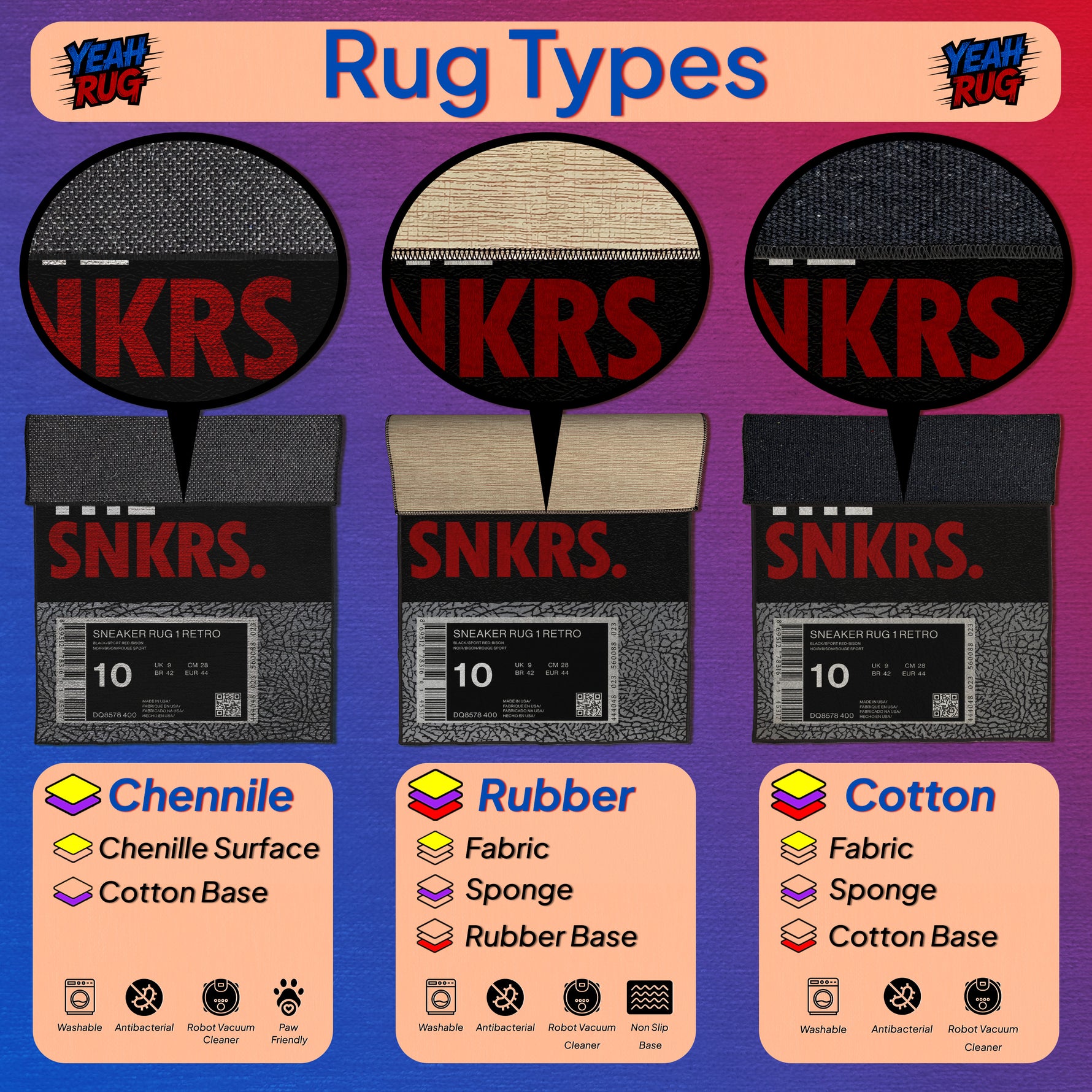 Three rug samples with 'SNKRS' branding and text indicating material types on a colorful background.


