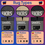 SNKRS rug types with chenille, rubber, and cotton materials on a colorful background.

