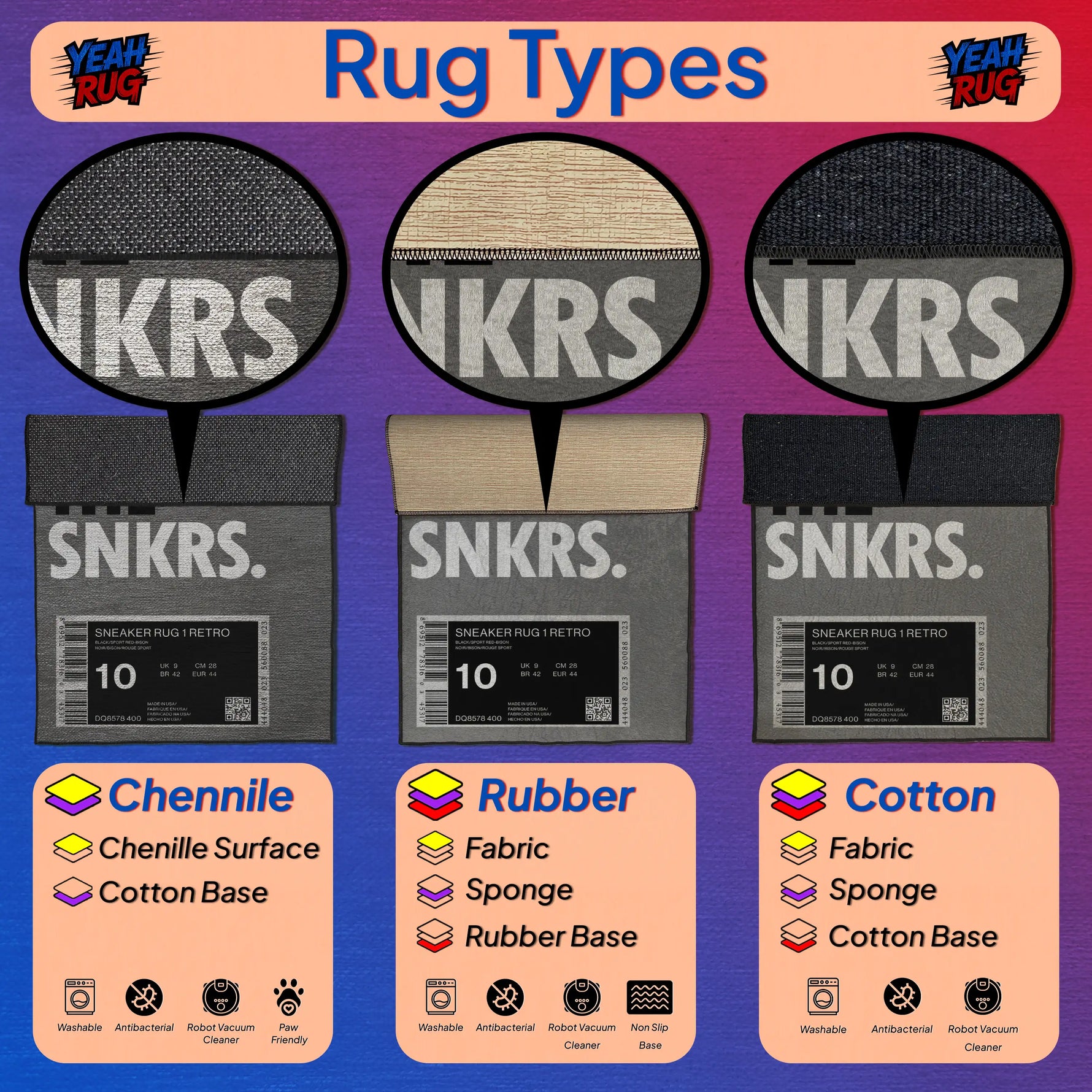 SNKRS rug types with chenille, rubber, and cotton materials on a colorful background.

