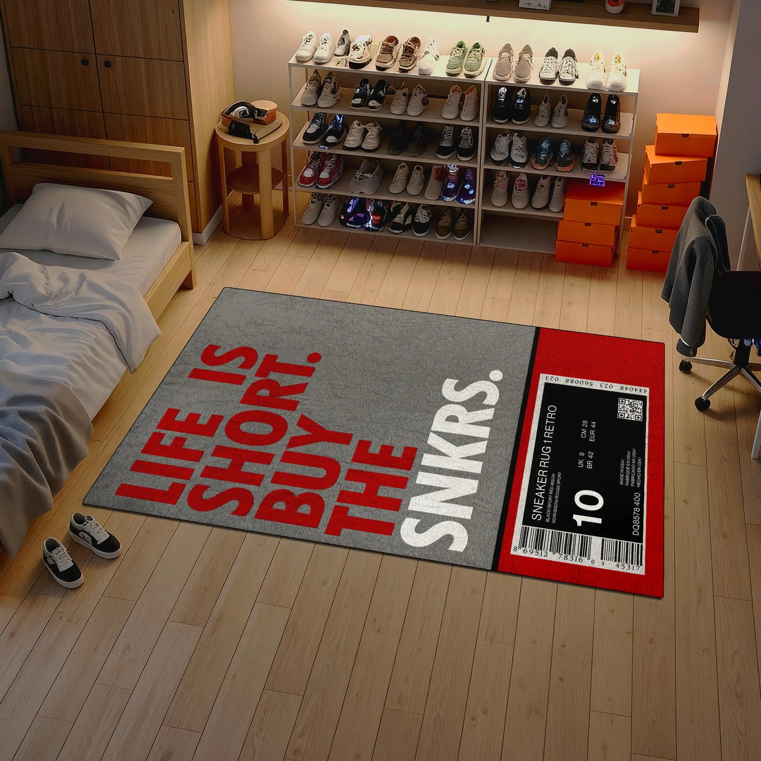 Room with a rug featuring 'Life is short, buy the sneakers' text and a shoe rack with various shoes.

