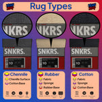 Three types of rugs labeled 'Chenille', 'Rubber', and 'Cotton' with SNKRS branding on a colorful background.

