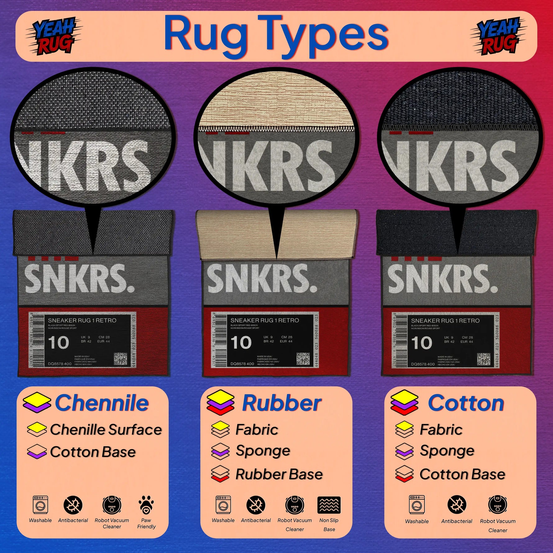 Three types of rugs labeled 'Chenille', 'Rubber', and 'Cotton' with SNKRS branding on a colorful background.

