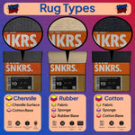 Illustration of different rug types with SNKRS branding and text on a colorful background.

