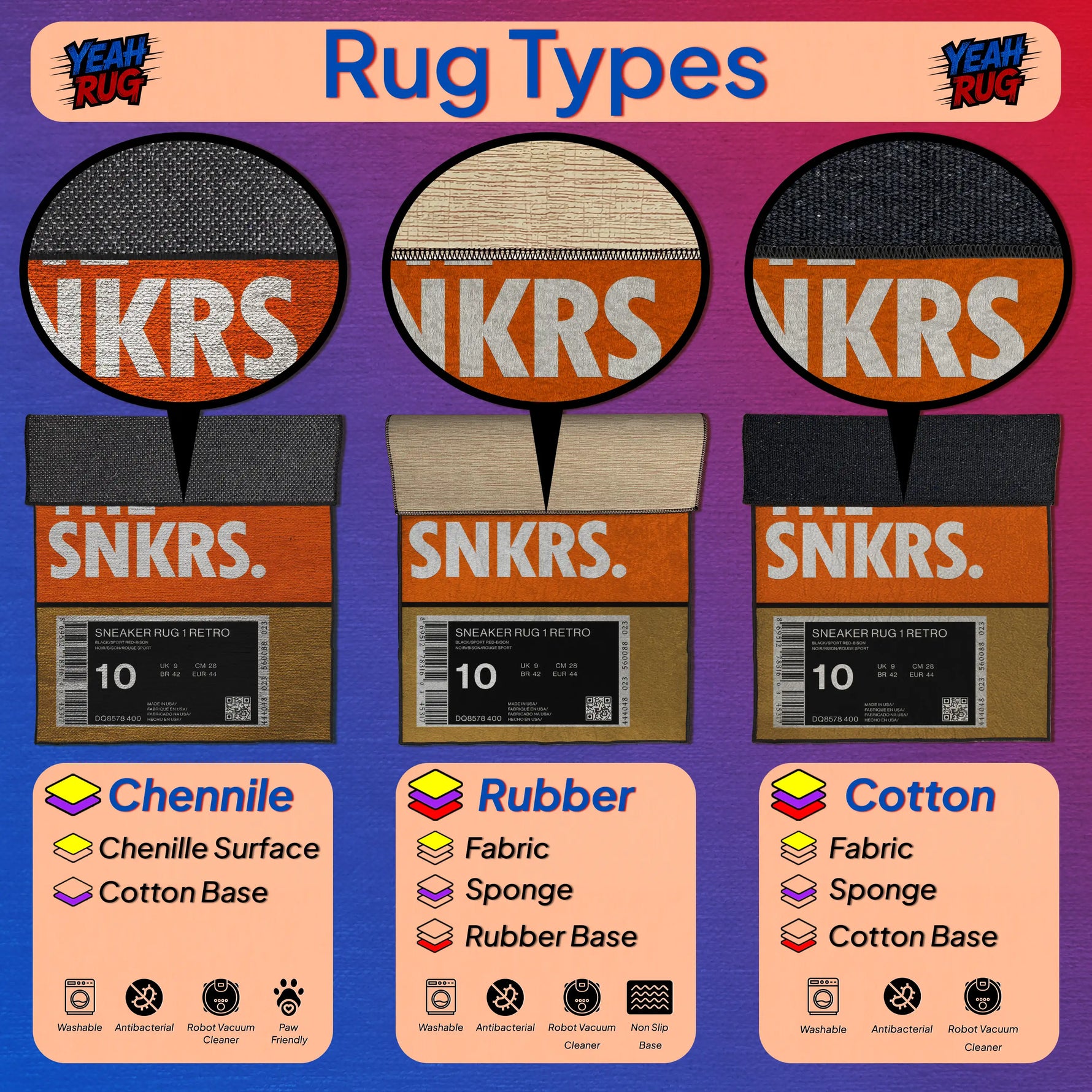 Illustration of different rug types with SNKRS branding and text on a colorful background.

