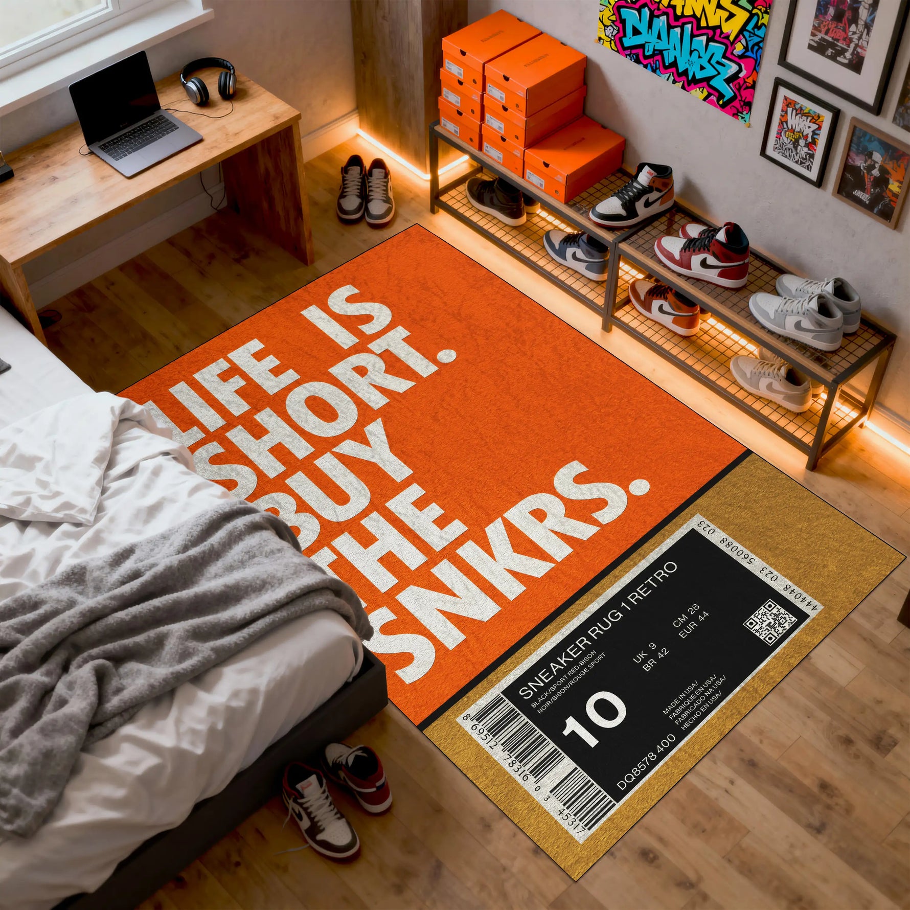 Room interior with an orange rug featuring text, a bed, and shelves with shoes.

