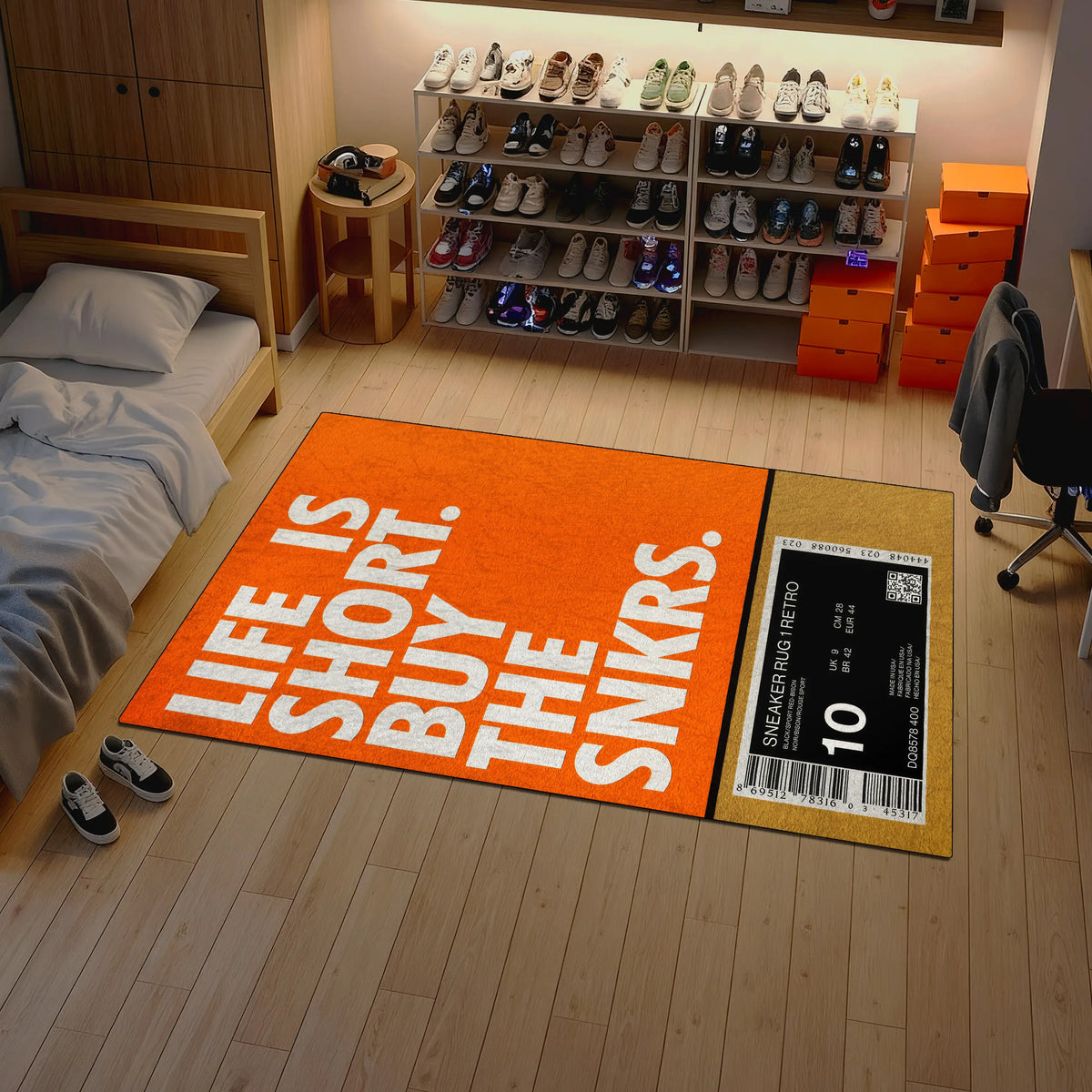 Shoe rack with various shoes in a room featuring an orange rug with text.

