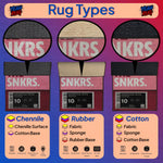 Illustration of sneaker rug types with 'SNKRS' branding on a colorful background.

