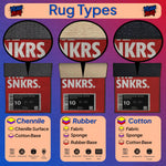 Illustration of different rug types with SNKRS branding and text labels on a purple background.

