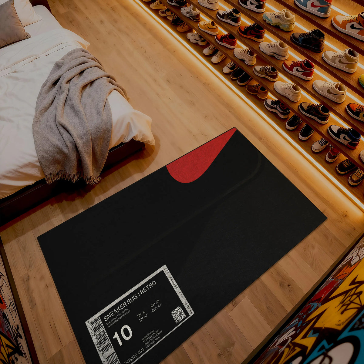 Black mat with red circle on a wooden floor next to a bed and shoe rack.

