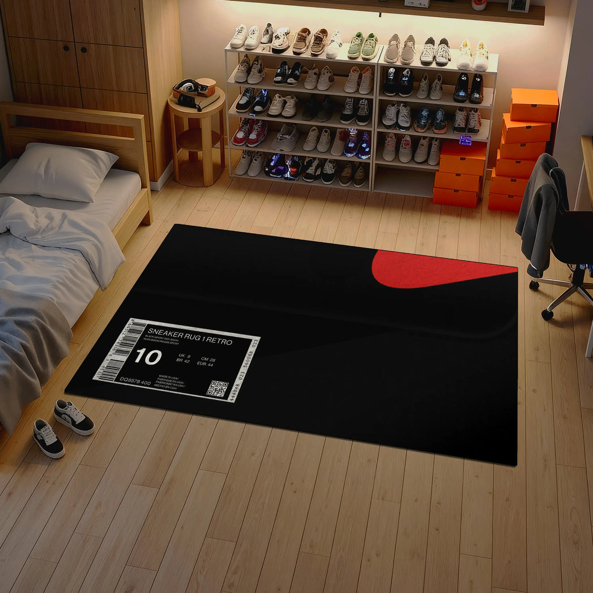 Black rug with a sneaker store label on a wooden floor, surrounded by shoes and shelves.

