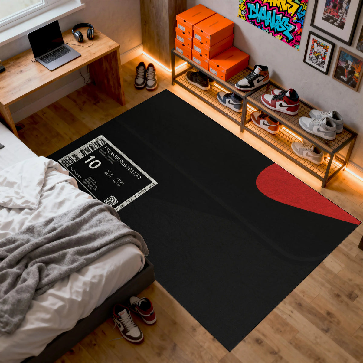 Room interior with a black rug featuring a red heart design, a bed, and shelves with shoes.

