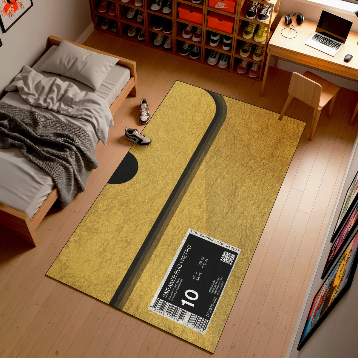 Room interior with a large yellow rug featuring a shoe size label, bed, desk, and shelves.


